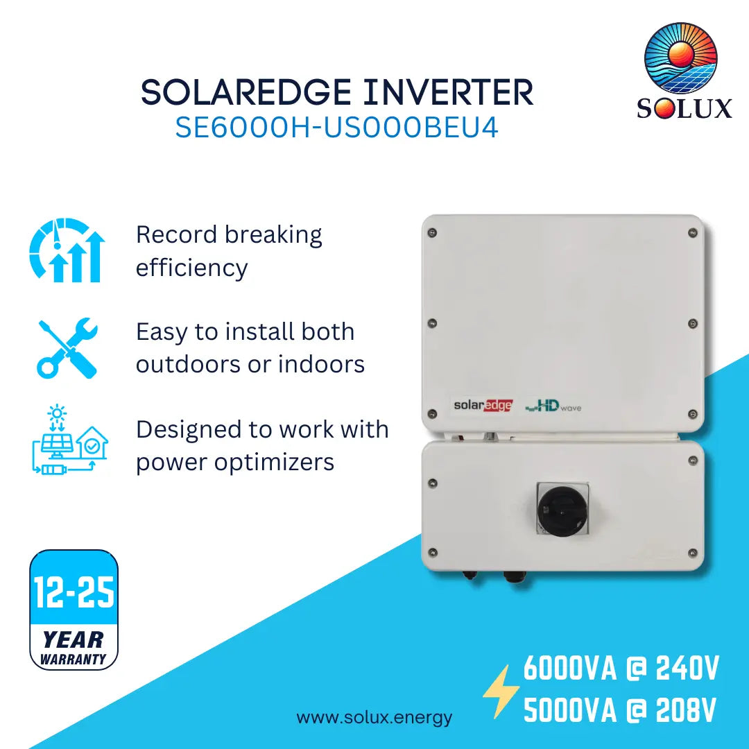 This is a graphic image of solaredge inverter with hd wave technology in SKU of SE6000H-US000BEU4